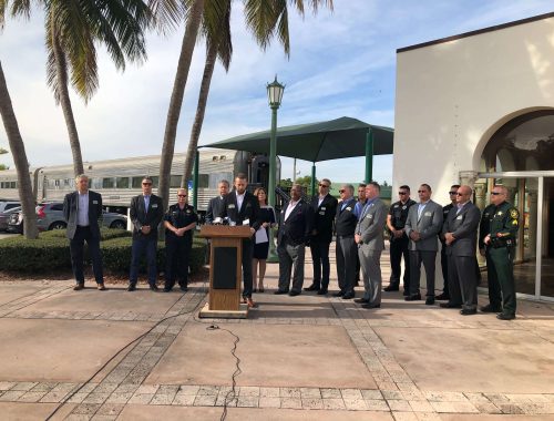 Brightline President and COO Patrick Goddard and community leaders highlight rail safety at a press conference on Friday in Boca Raton