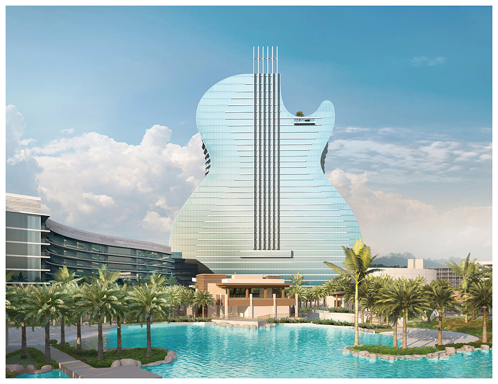 A rendering of the guitar-shaped hotel