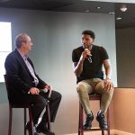 SFBW Chairman and CEO Gary Press interviews entrepreneur and Heat player Udonis Haslem at 601 Miami at the AmericanAirlines Arena. (Photo by Evelyn Suarez)