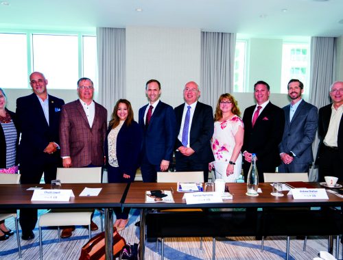 The panelists, sponsor representatives and SFMA partner, from left to right: Sharon McCall, Craig Tanner, Chuck Lowell, Yamilet Ramirez, Andrew Shelton, Fernando Mesia (sponsor), Betsy McGee, Matthew Rocco (South Florida Manufacturers Association), Jean-Charles Mas and Jay Hess.