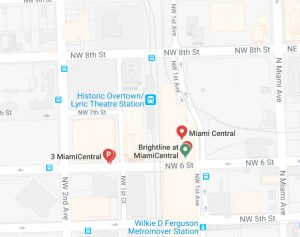 Map showing the Brightline MiamiCentral station is next to the Metrorail Historic Overtown/Lyric Theatre Station