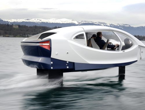 One of the SeaBubbles rises out of the water as it picks up speed