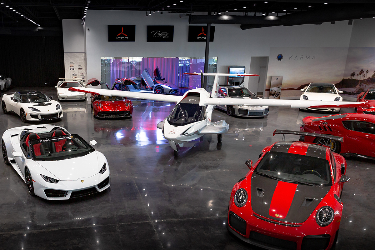 Exotic aircraft, too Prestige Imports has added the Icon A5 aircraft to its showroom of exotic cars in its North Miami Beach. The two-seater can go up to 109 mph and offers a spin-resistant airframe, a low stall speed, a whole plane parachute system and an angle of attack indicator. The wings fold back so it can be towed by a car or truck.